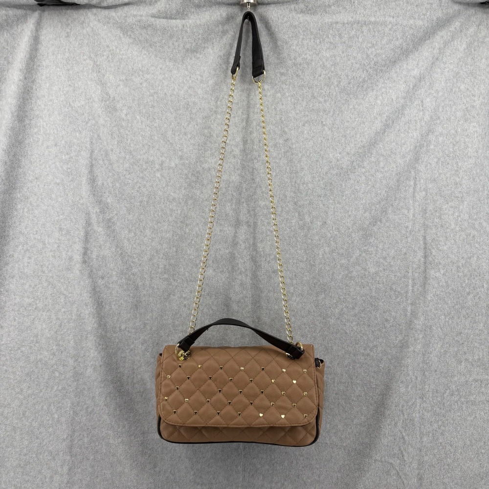 Betsey Johnson Tan Quilted Heart Studded Shoulder Bag Gold Chain Adjust Strap - Picture 9 of 16